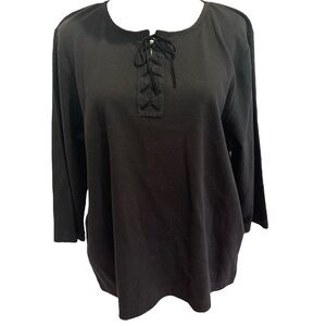 NWT 90s RAFAELLA BLACK KNIT RIBBON TIED CASUAL  HENLEY TOP W 3/4 SLEEVES SZ L